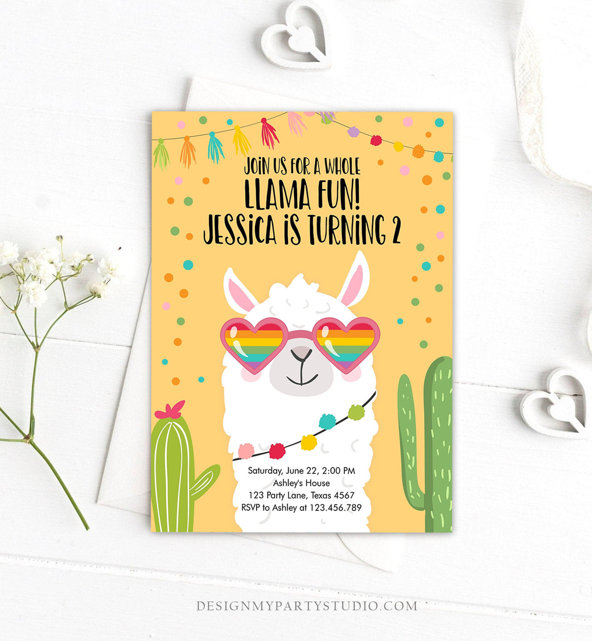 Editable Whole Llama Fun Birthday Invitation Fiesta Llama Cactus Mexican Party Yellow Sunglasses Girl Alpaca Corjl Template Printable 0079