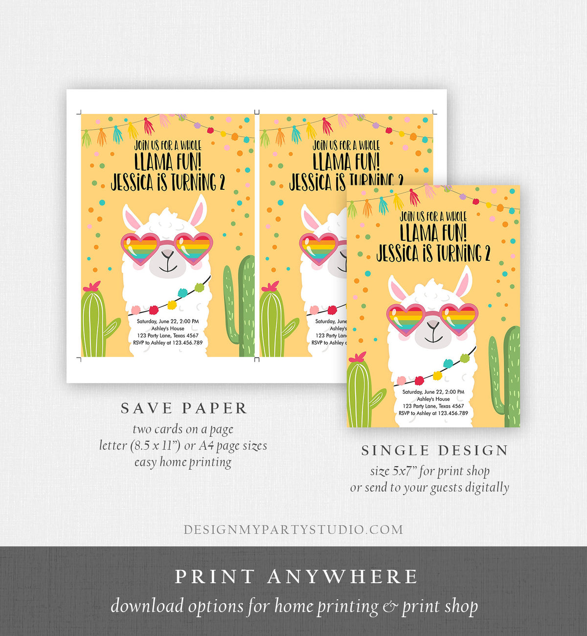 Editable Whole Llama Fun Birthday Invitation Fiesta Llama Cactus Mexican Party Yellow Sunglasses Girl Alpaca Corjl Template Printable 0079