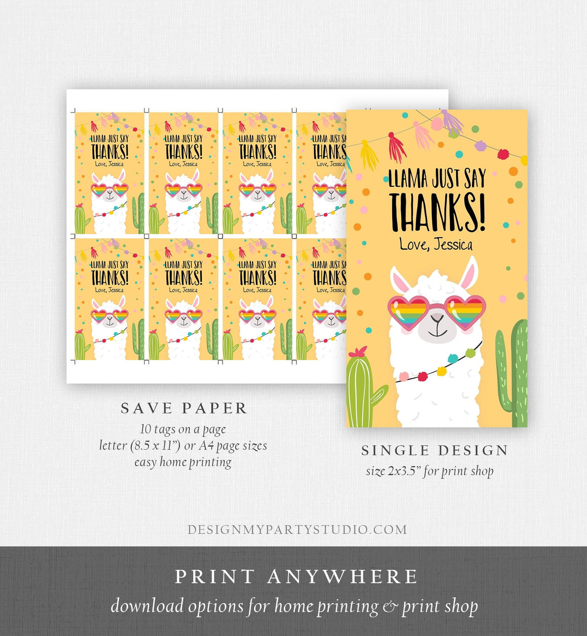 Editable Llama Favor Tags Llama Thank You Tags Fiesta Cactus Alpaca Mexican Llama Party Favor Tags Yellow Sunglasses Corjl Template 0079