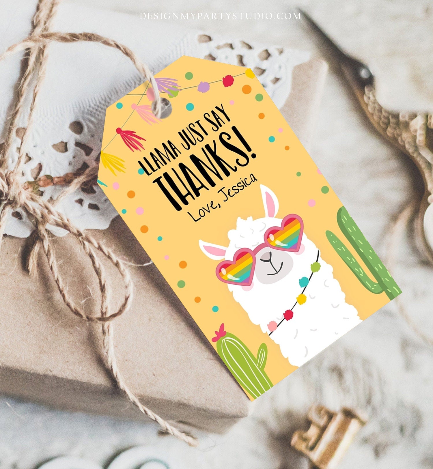 Editable Llama Favor Tags Llama Thank You Tags Fiesta Cactus Alpaca Mexican Llama Party Favor Tags Yellow Sunglasses Corjl Template 0079