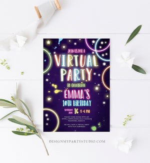 Editable Virtual Party Birthday Invitation Girl Disco Neon Glow Zoom Party Video Chat Quarantine Party Social Distancing Template Corjl 0172