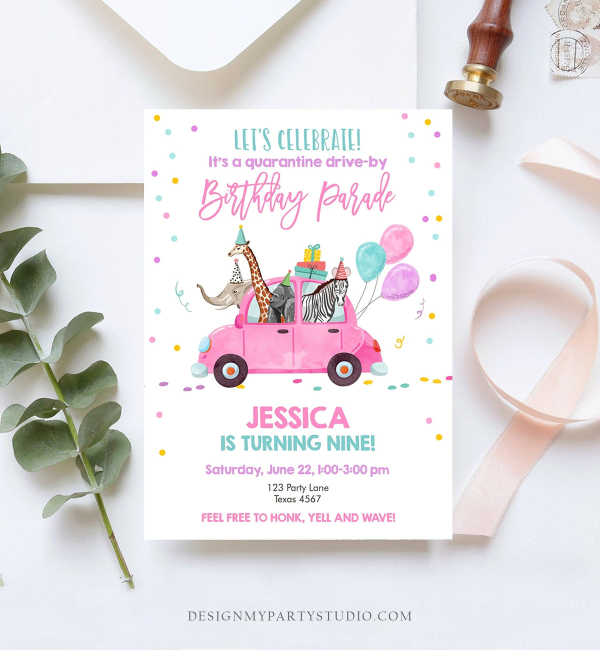 Editable Drive By Birthday Parade Invitation Virtual Birthday Party Invite Girl Pink Party Animals Safari Download Digital Corjl 0333