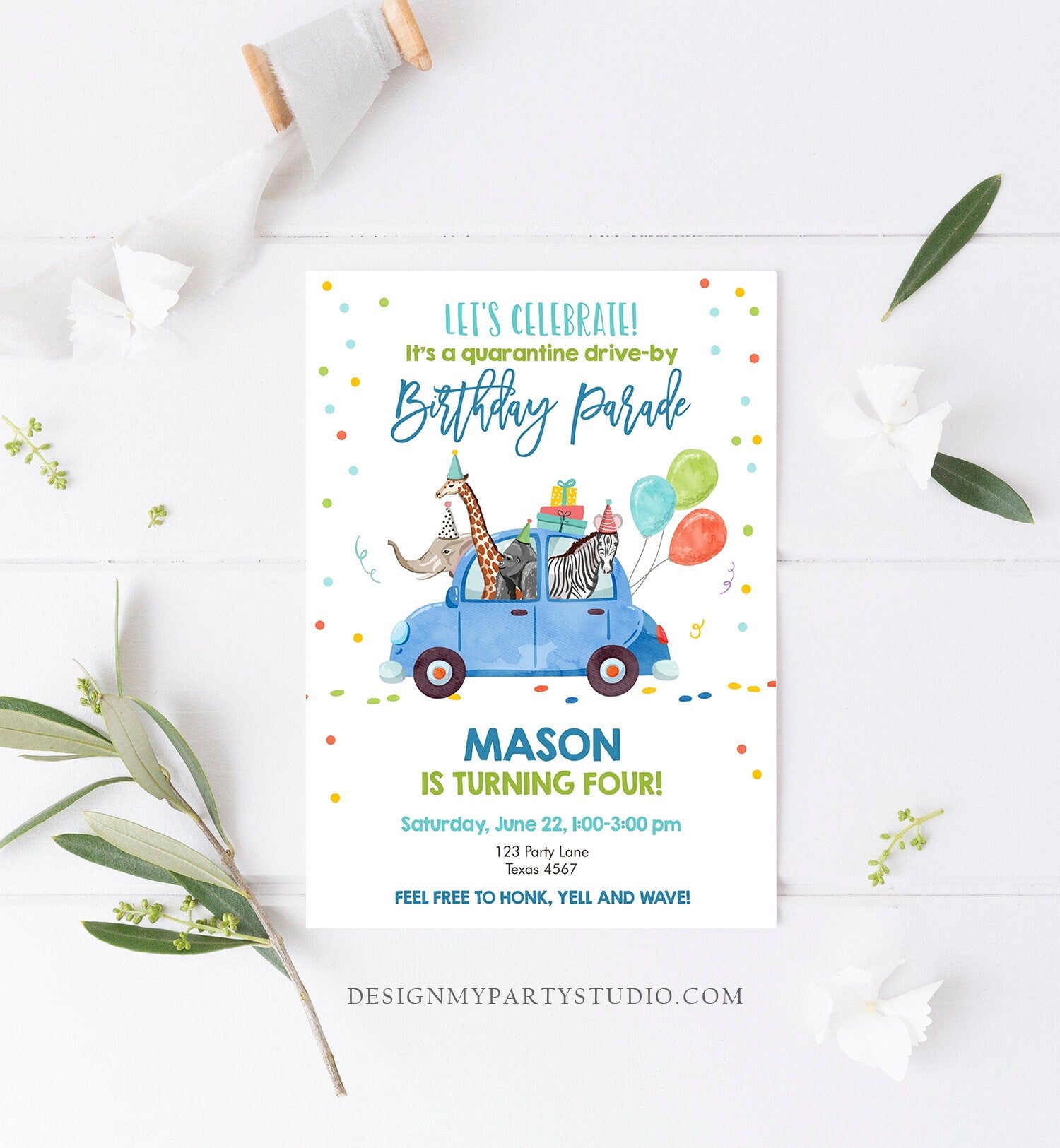 Editable Drive By Birthday Parade Invitation Virtual Party Invite Honk Wave Car Boy Blue Party Animals Safari Download Digital Corjl 0333