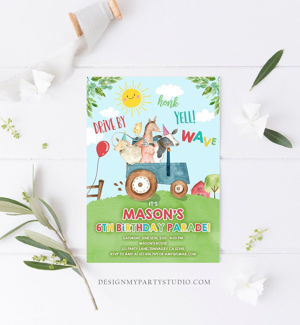 Editable Drive By Birthday Parade Invitation Farm Animals Virtual Party Invite Honk Wave Car Boy Blue Party Animals Digital Corjl 0155