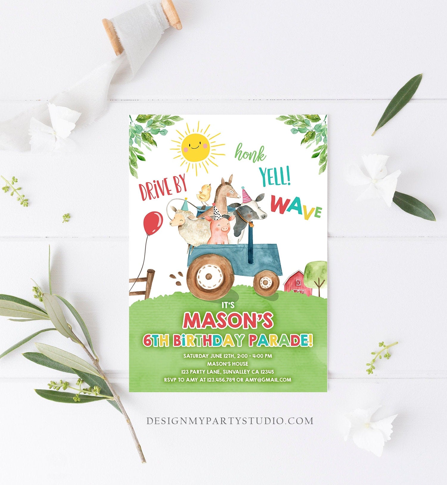 Editable Drive By Birthday Parade Invitation Farm Animals Virtual Party Invite Honk Wave Car Boy Blue Party Animals Digital Corjl 0155