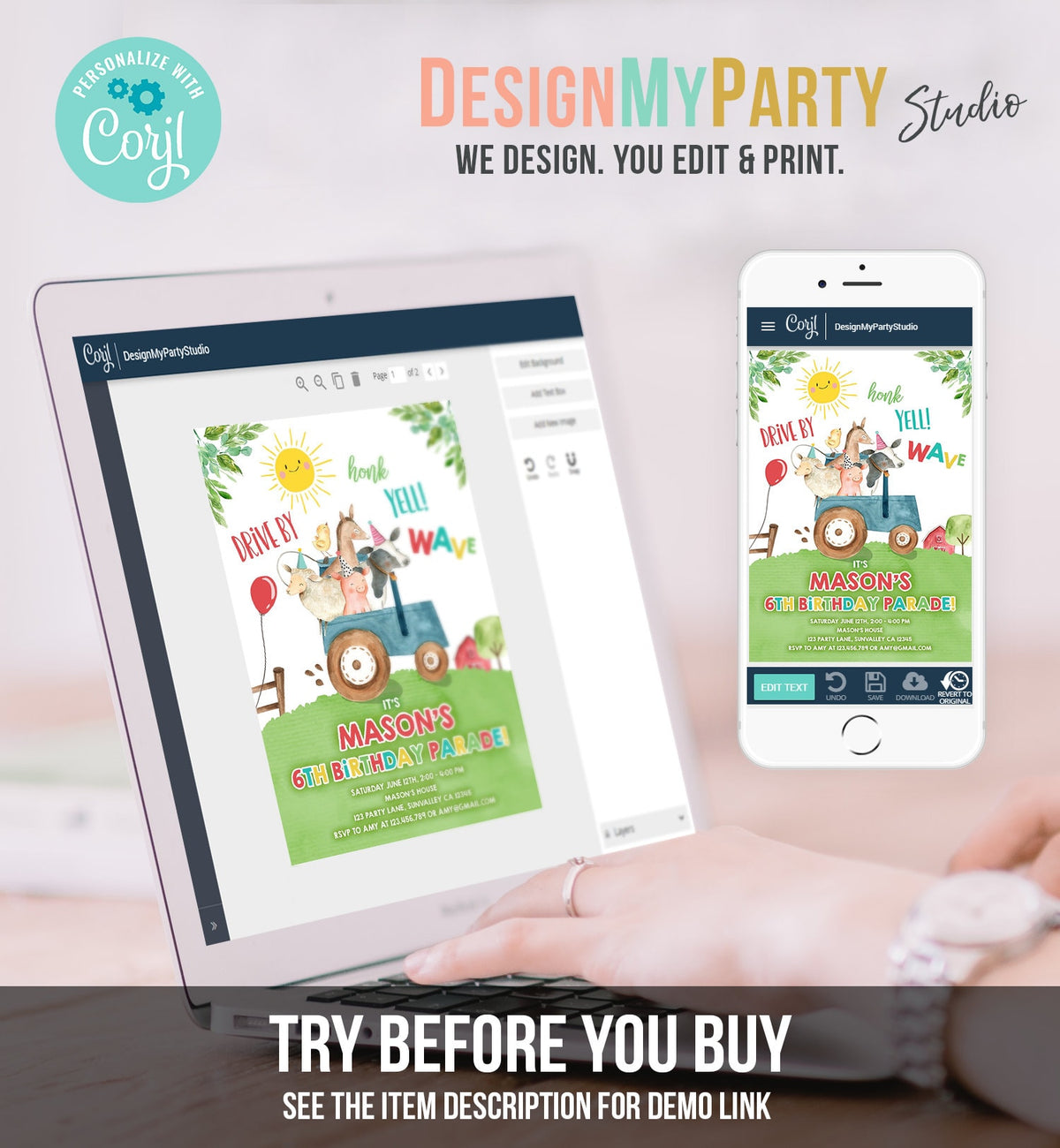 Editable Drive By Birthday Parade Invitation Farm Animals Virtual Party Invite Honk Wave Car Boy Blue Party Animals Digital Corjl 0155