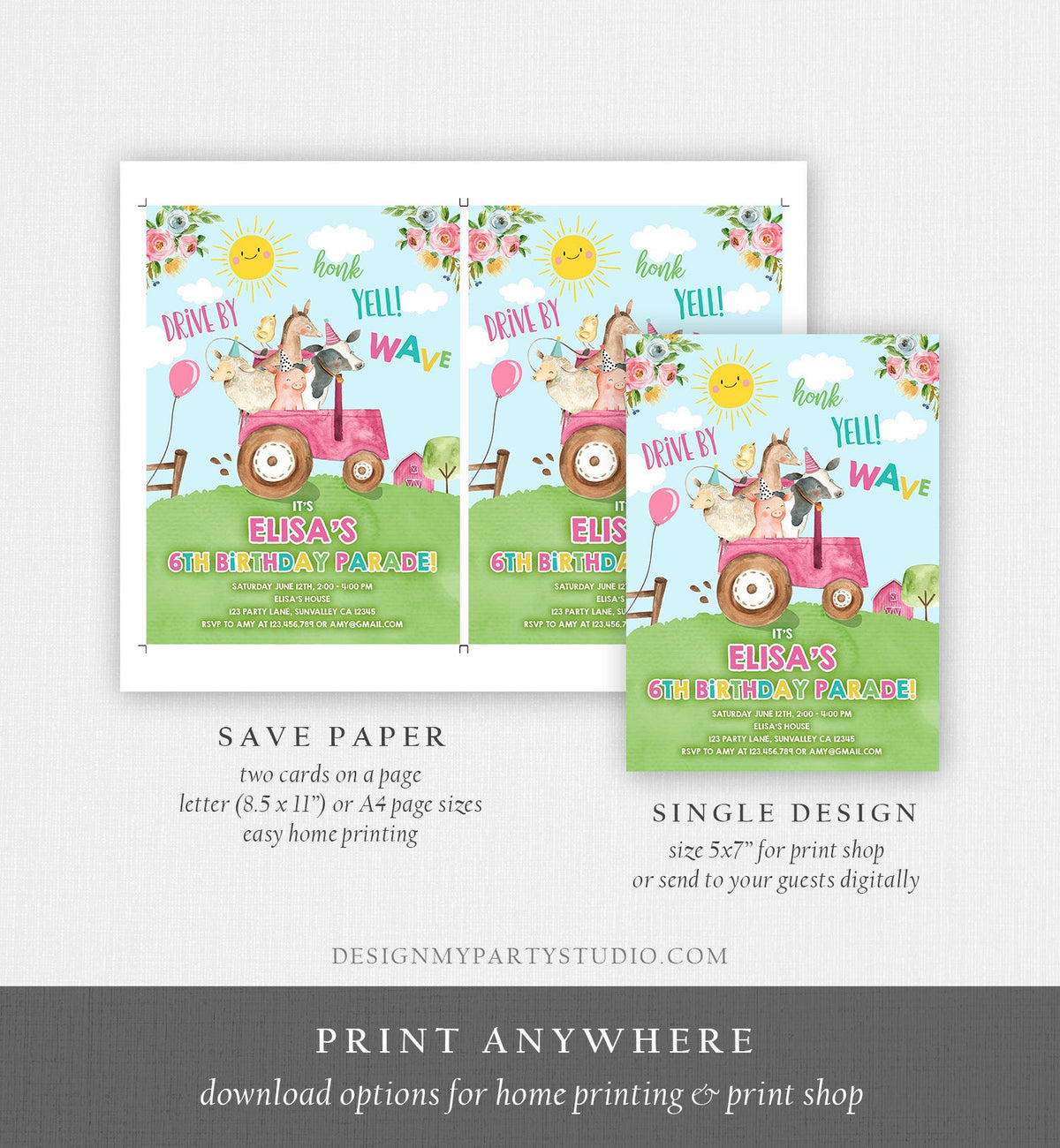 Editable Drive By Birthday Parade Invitation Farm Animals Virtual Party Invite Honk Wave Car Girl Pink Party Animals Digital Corjl 0155