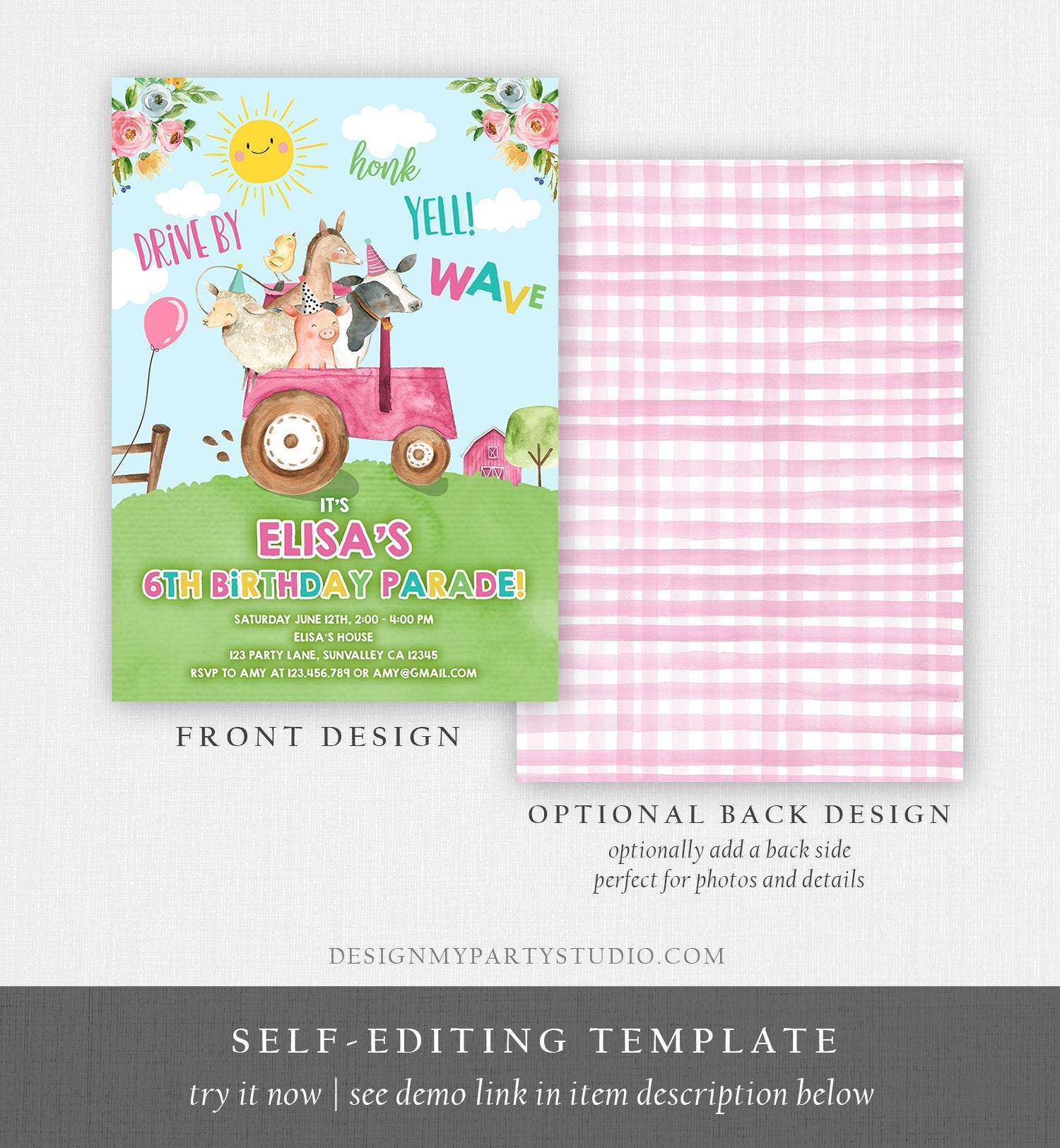 Editable Drive By Birthday Parade Invitation Farm Animals Virtual Party Invite Honk Wave Car Girl Pink Party Animals Digital Corjl 0155