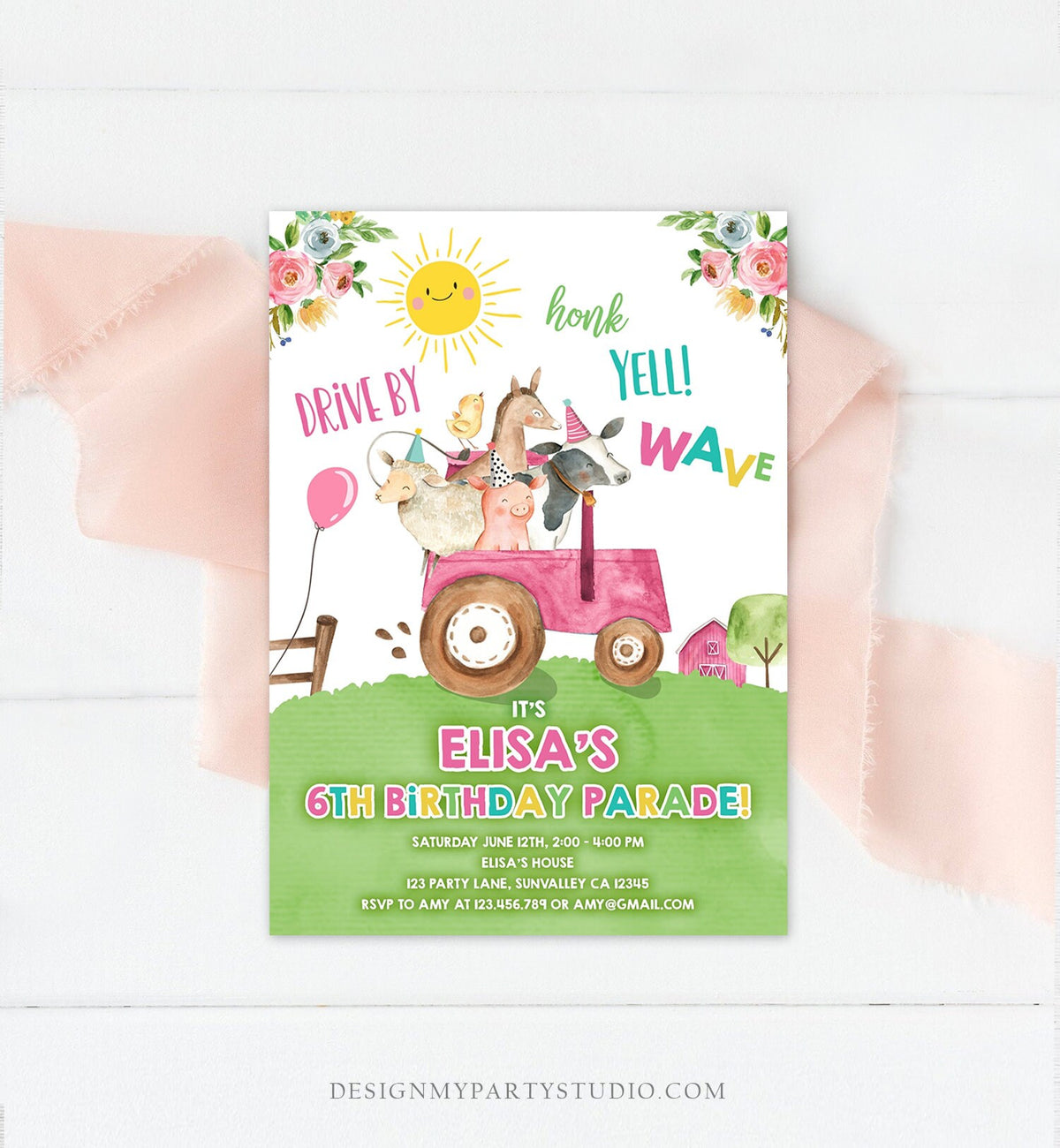 Editable Drive By Birthday Parade Invitation Farm Animals Virtual Party Invite Honk Wave Car Girl Pink Party Animals Digital Corjl 0155