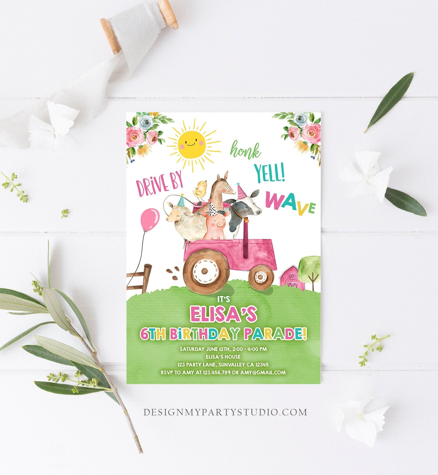 Editable Drive By Birthday Parade Invitation Farm Animals Virtual Party Invite Honk Wave Car Girl Pink Party Animals Digital Corjl 0155