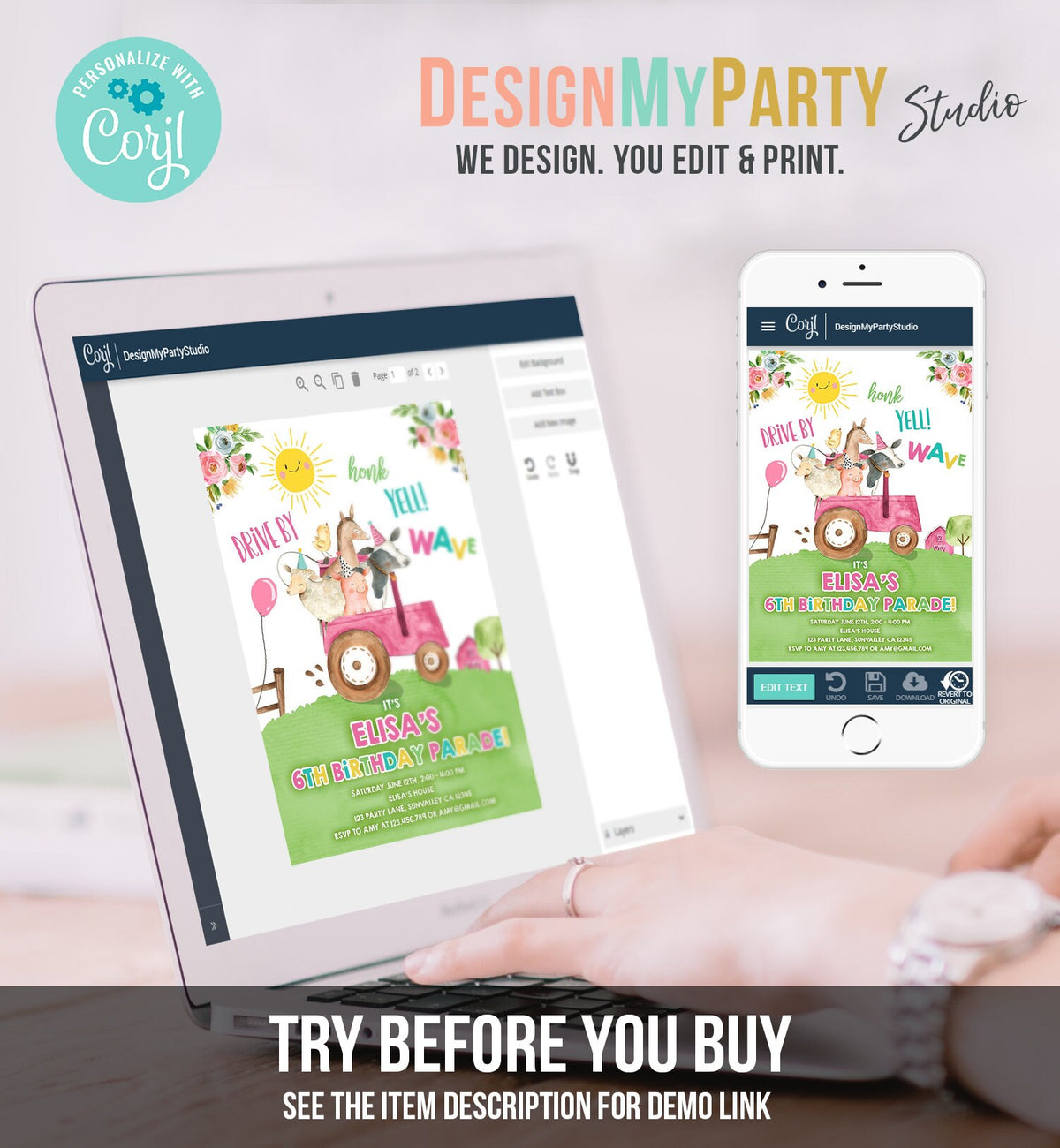 Editable Drive By Birthday Parade Invitation Farm Animals Virtual Party Invite Honk Wave Car Girl Pink Party Animals Digital Corjl 0155