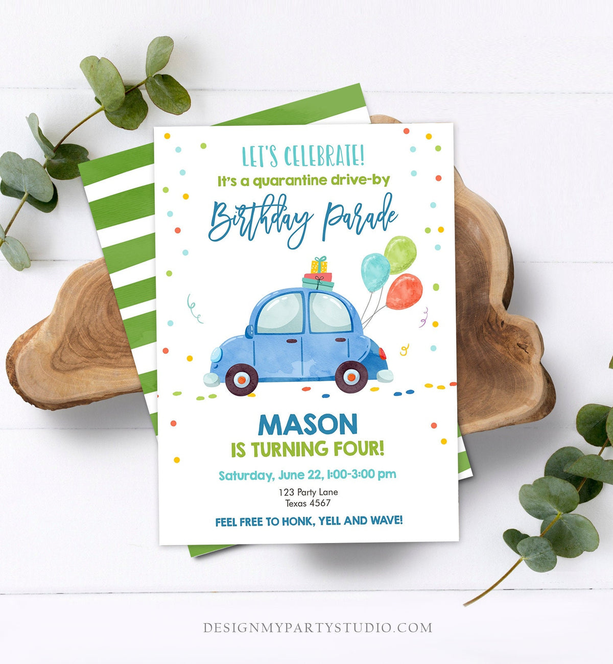 Editable Drive By Birthday Parade Invitation Virtual Party Invite Honk Wave Car Boy Quarantine Party Instant Download Digital Corjl 0333