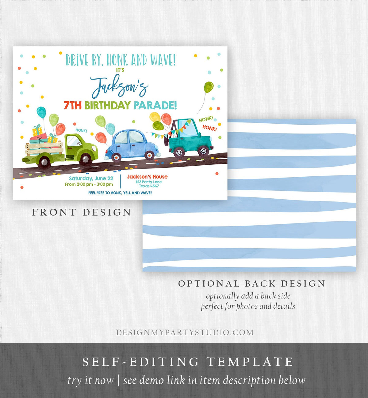 Editable Drive By Birthday Parade Invitation Virtual Party Invite Honk Wave Car Boy Blue Instant Download Digital Corjl 0333