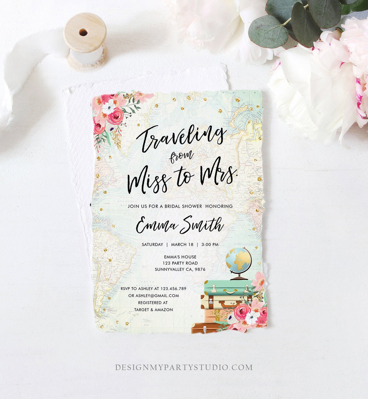 Editable Miss to Mrs Travel Bridal Shower Invitation Flowers Globe Suitcase Gold Confetti Traveling Download Printable Corjl Template 0030