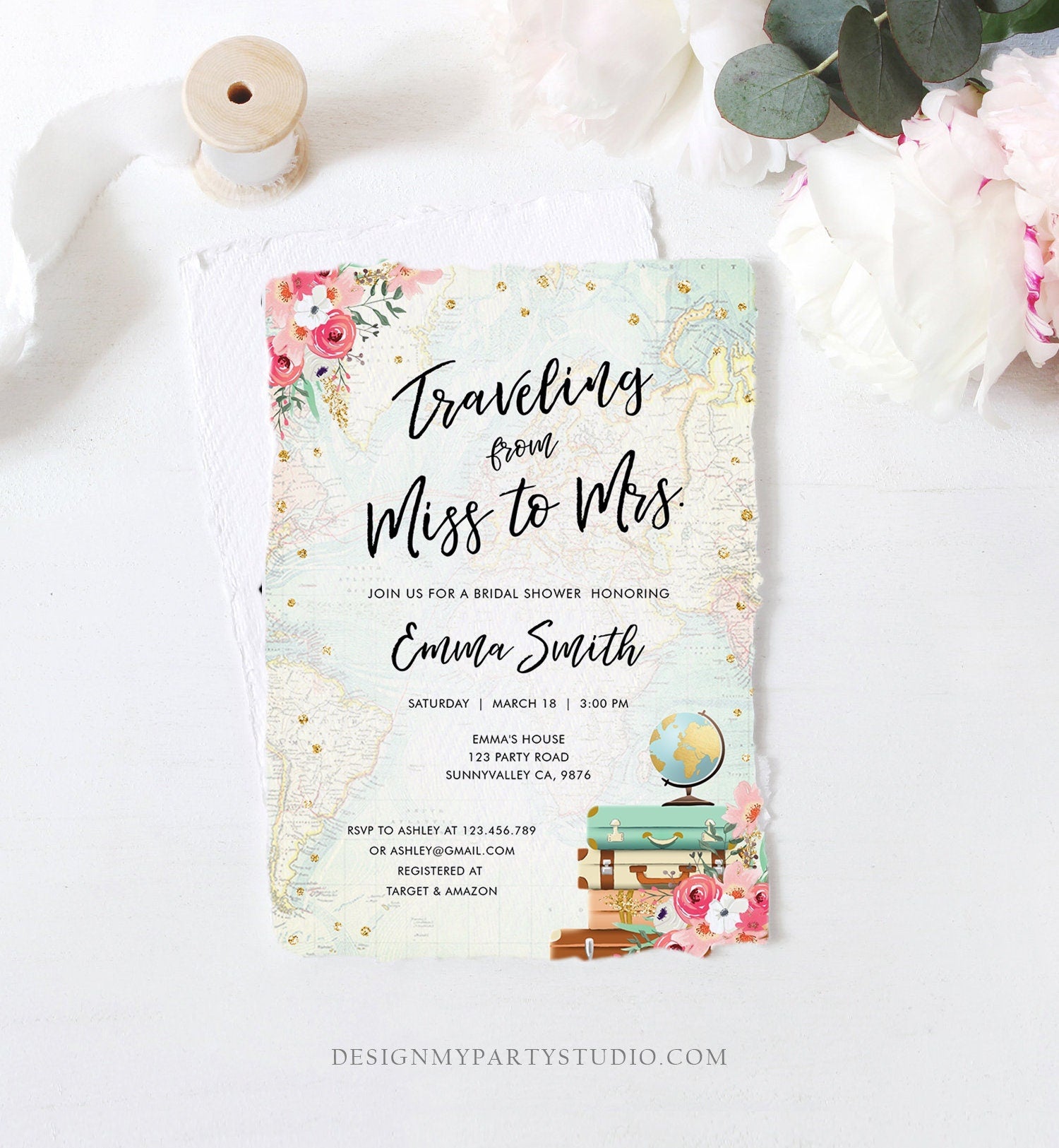 Editable Miss to Mrs Travel Bridal Shower Invitation Flowers Globe Suitcase Gold Confetti Traveling Download Printable Corjl Template 0030