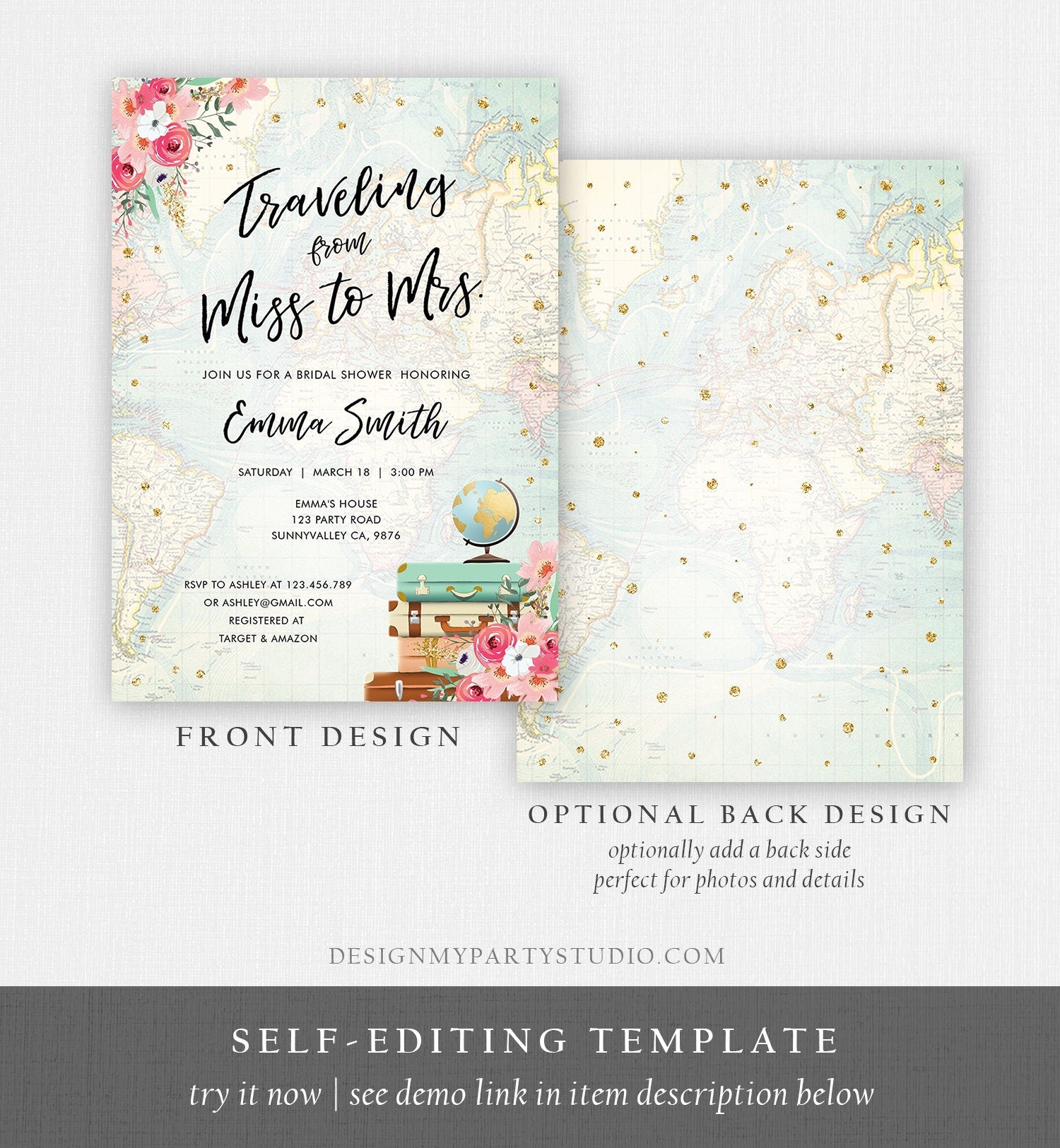 Editable Miss to Mrs Travel Bridal Shower Invitation Flowers Globe Suitcase Gold Confetti Traveling Download Printable Corjl Template 0030