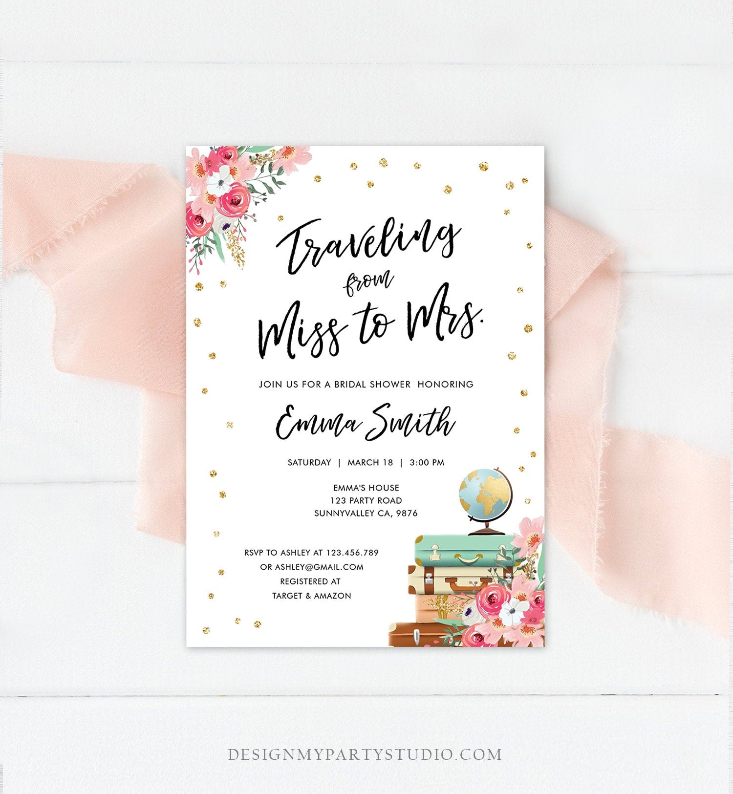 Editable Miss to Mrs Travel Bridal Shower Invitation Flowers Globe Suitcase Gold Confetti Traveling Download Printable Corjl Template 0030