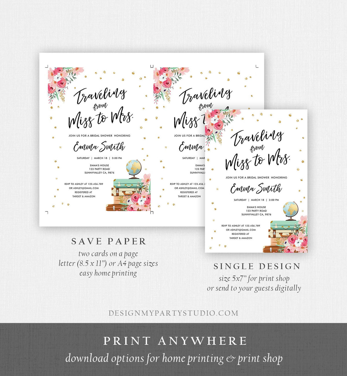 Editable Miss to Mrs Travel Bridal Shower Invitation Flowers Globe Suitcase Gold Confetti Traveling Download Printable Corjl Template 0030
