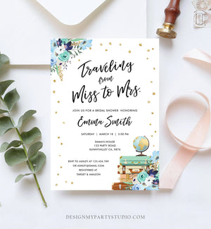 Editable Miss to Mrs Travel Bridal Shower Invitation Flowers Globe Suitcase Navy Blue Gold Confetti Traveling Printable Corjl Template 0030