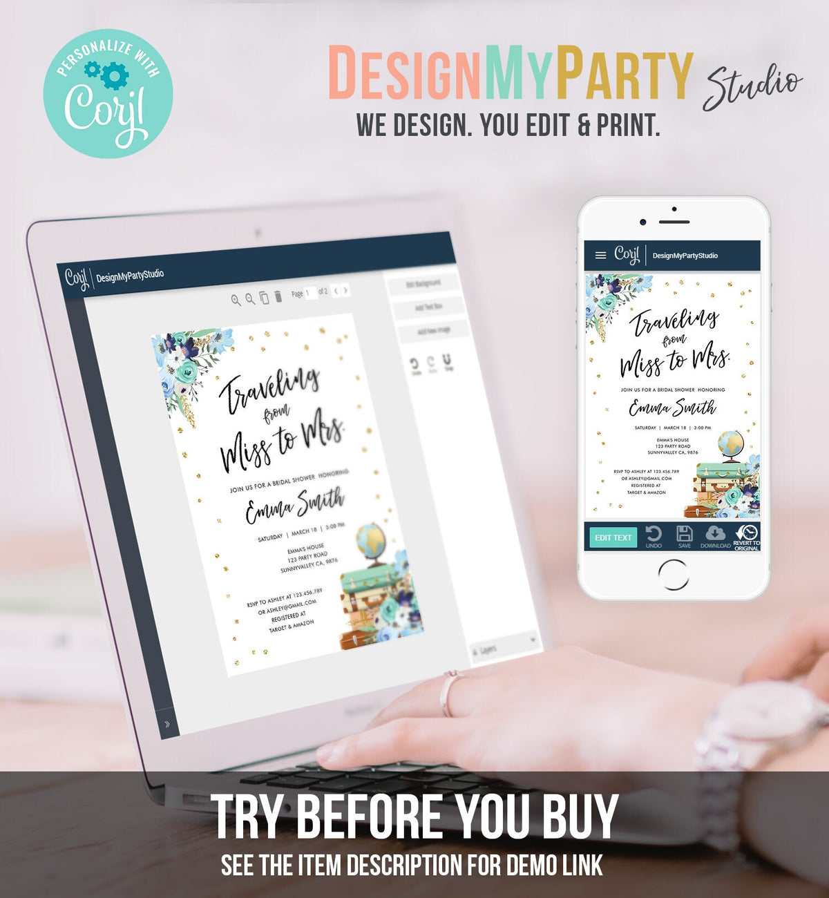 Editable Miss to Mrs Travel Bridal Shower Invitation Flowers Globe Suitcase Navy Blue Gold Confetti Traveling Printable Corjl Template 0030