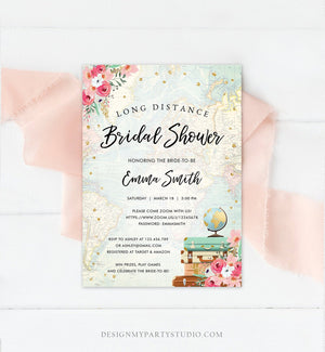Editable Long Distance Bridal Shower Invitation Travel Pink Floral Virtual Shower By Mail Globe Suitcase Gold Confetti Corjl Template 0030