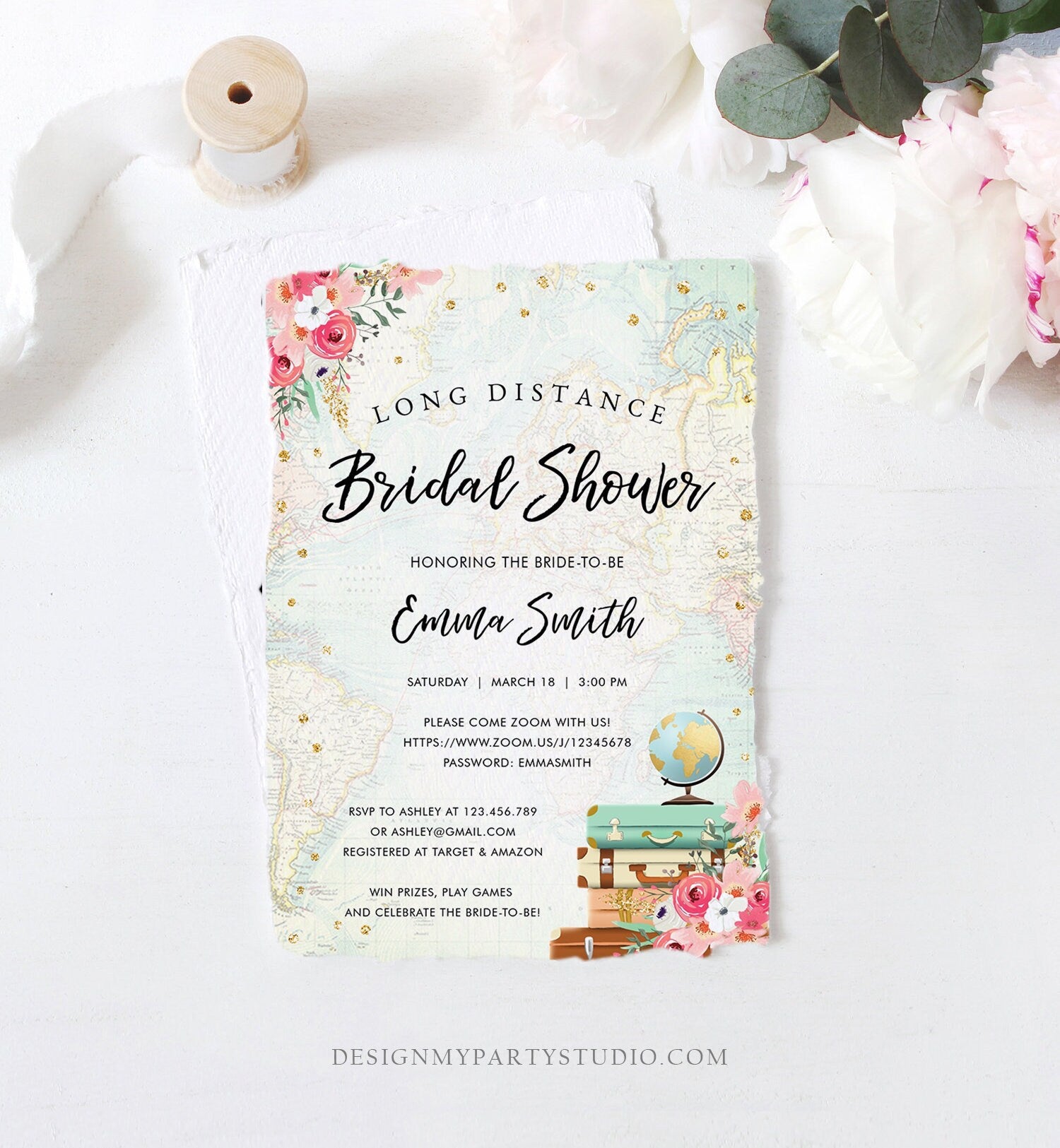 Editable Long Distance Bridal Shower Invitation Travel Pink Floral Vir ...