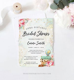 Editable Long Distance Bridal Shower Invitation Travel Pink Floral Virtual Shower By Mail Globe Suitcase Gold Confetti Corjl Template 0030
