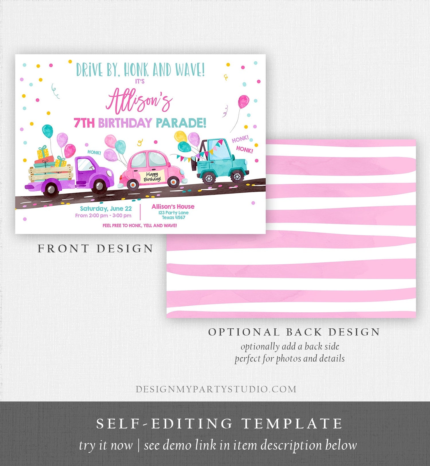 Editable Drive By Birthday Parade Invitation Virtual Party Invite Honk Wave Car Girl Pink Quarantine Instant Download Digital Corjl 0333