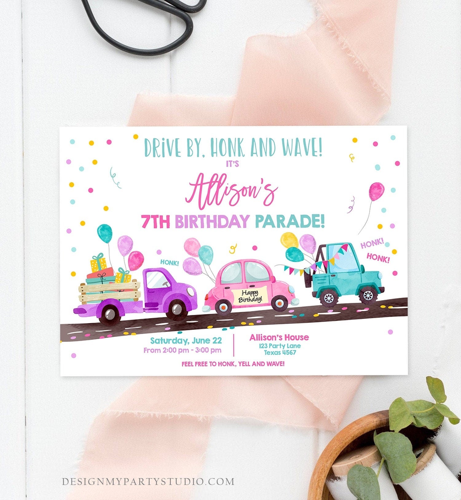 Editable Drive By Birthday Parade Invitation Virtual Party Invite Honk Wave Car Girl Pink Quarantine Instant Download Digital Corjl 0333