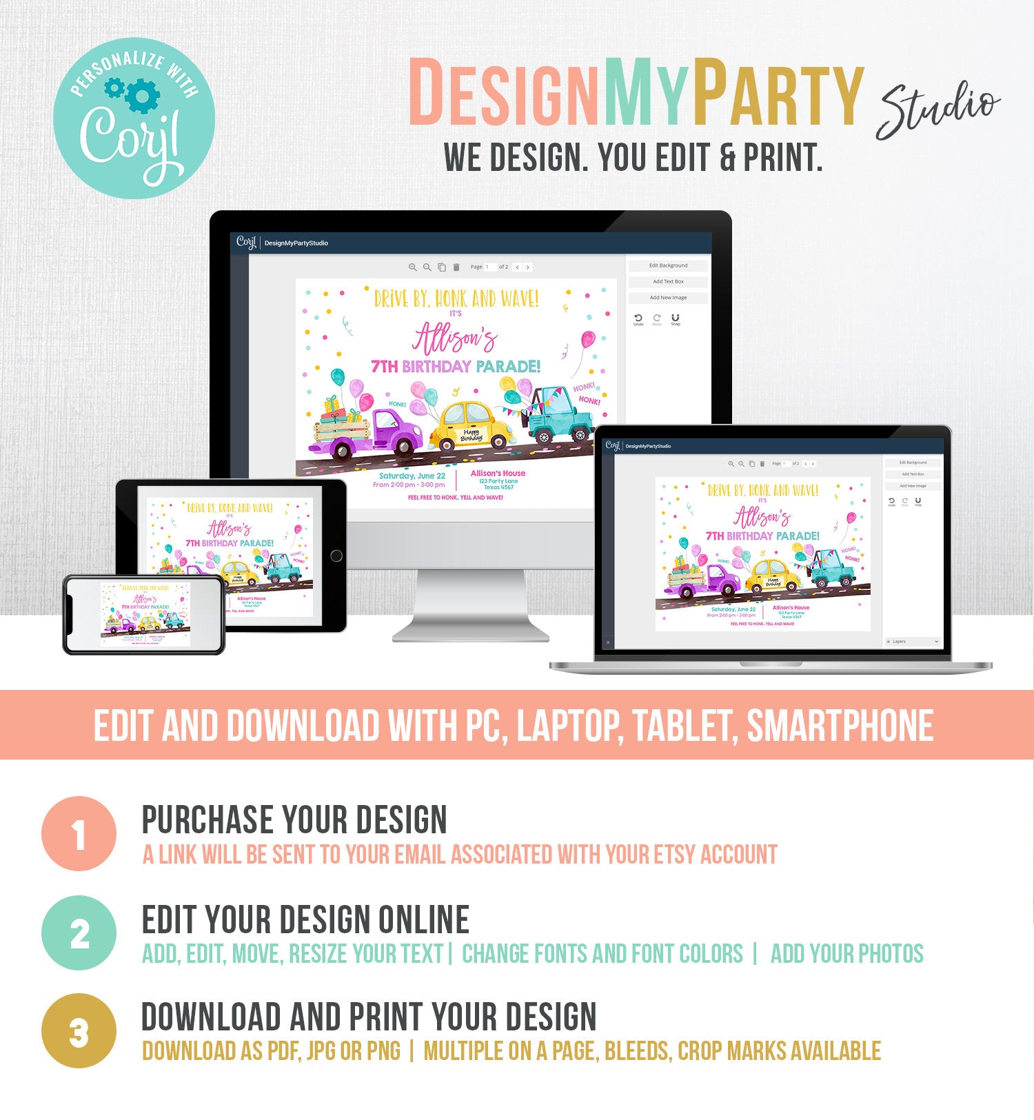 Editable Drive By Birthday Parade Invitation Virtual Party Invite Honk Wave Car Girl Pink Quarantine Instant Download Digital Corjl 0333