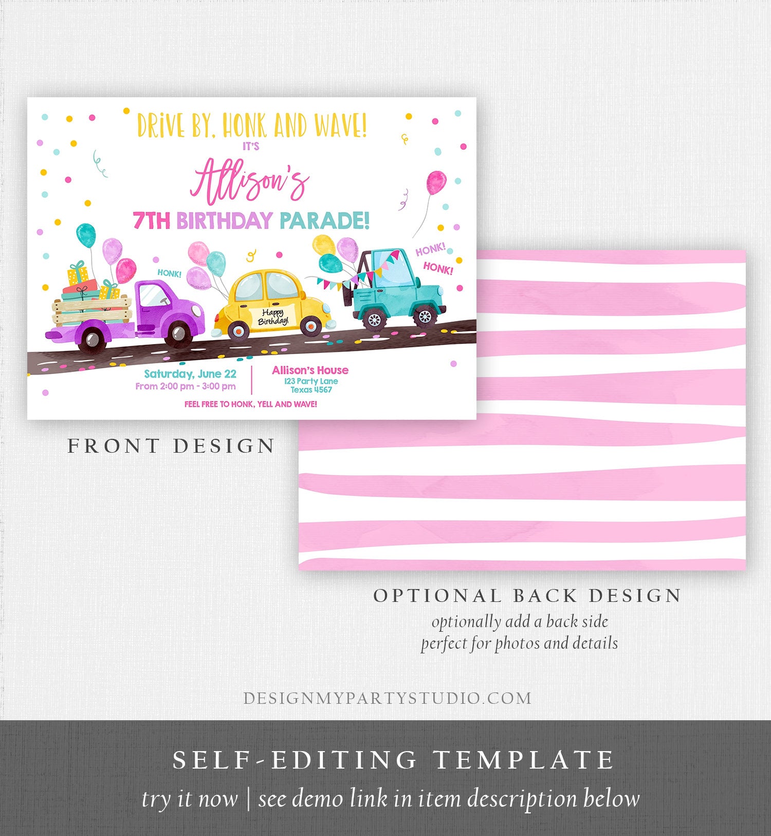 Editable Drive By Birthday Parade Invitation Virtual Party Invite Honk Wave Car Girl Pink Quarantine Instant Download Digital Corjl 0333