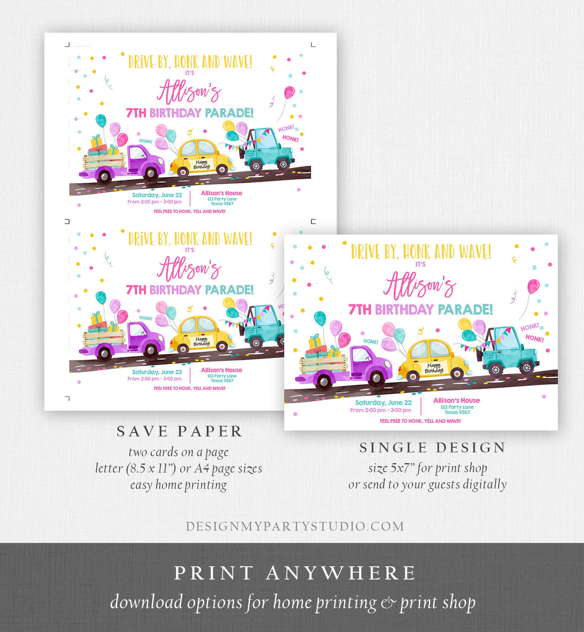 Editable Drive By Birthday Parade Invitation Virtual Party Invite Honk Wave Car Girl Pink Quarantine Instant Download Digital Corjl 0333
