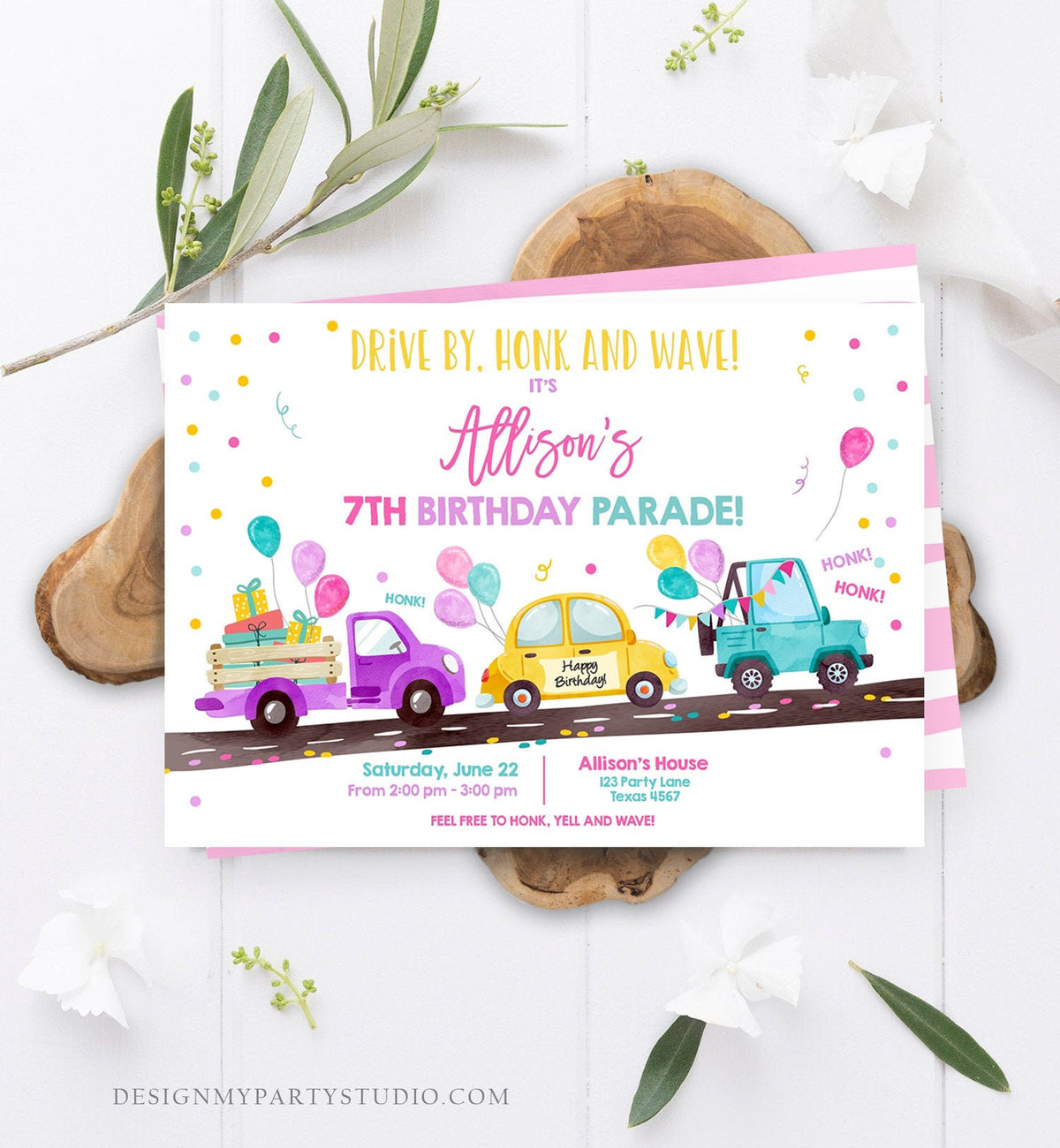 Editable Drive By Birthday Parade Invitation Virtual Party Invite Honk Wave Car Girl Pink Quarantine Instant Download Digital Corjl 0333