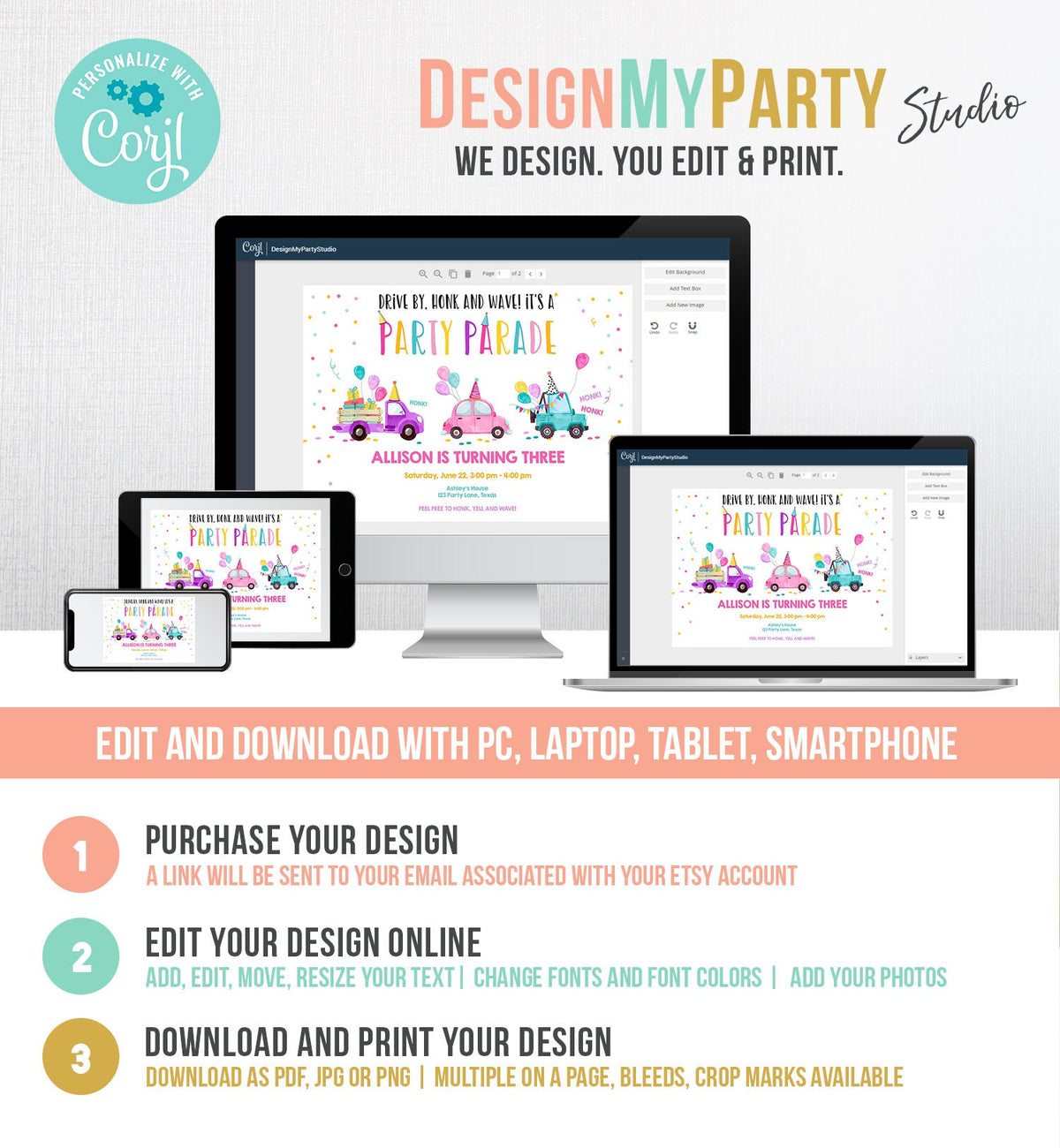 Editable Drive By Birthday Parade Invitation Virtual Party Invite Honk Wave Car Girl Pink Quarantine Instant Download Digital Corjl 0333