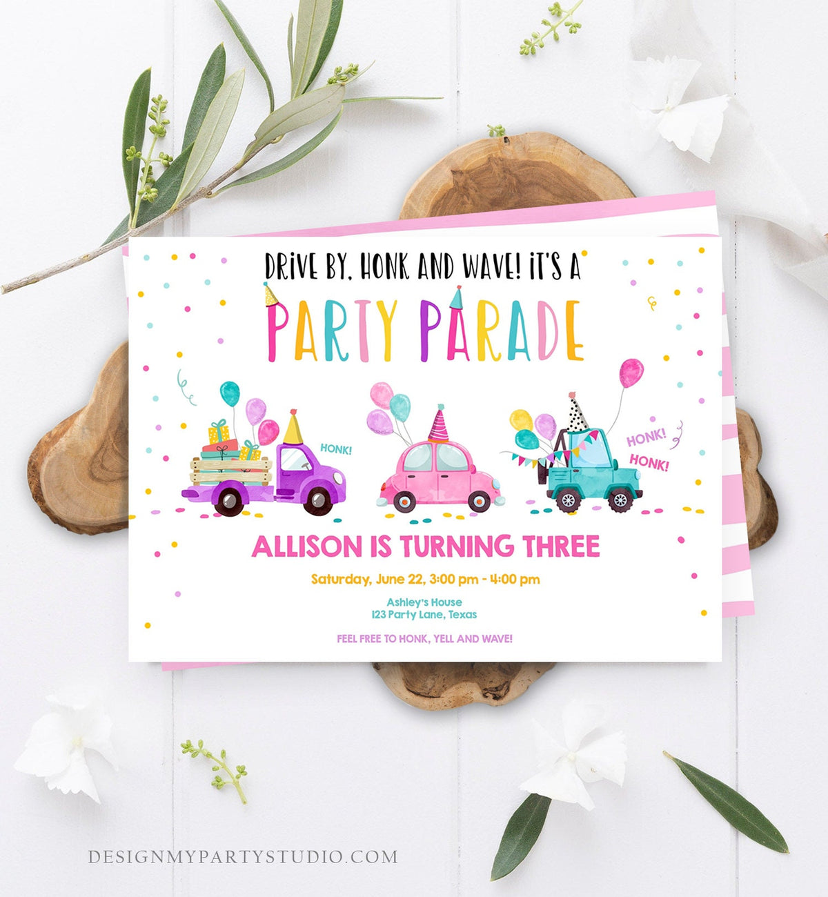 Editable Drive By Birthday Parade Invitation Virtual Party Invite Honk Wave Car Girl Pink Quarantine Instant Download Digital Corjl 0333