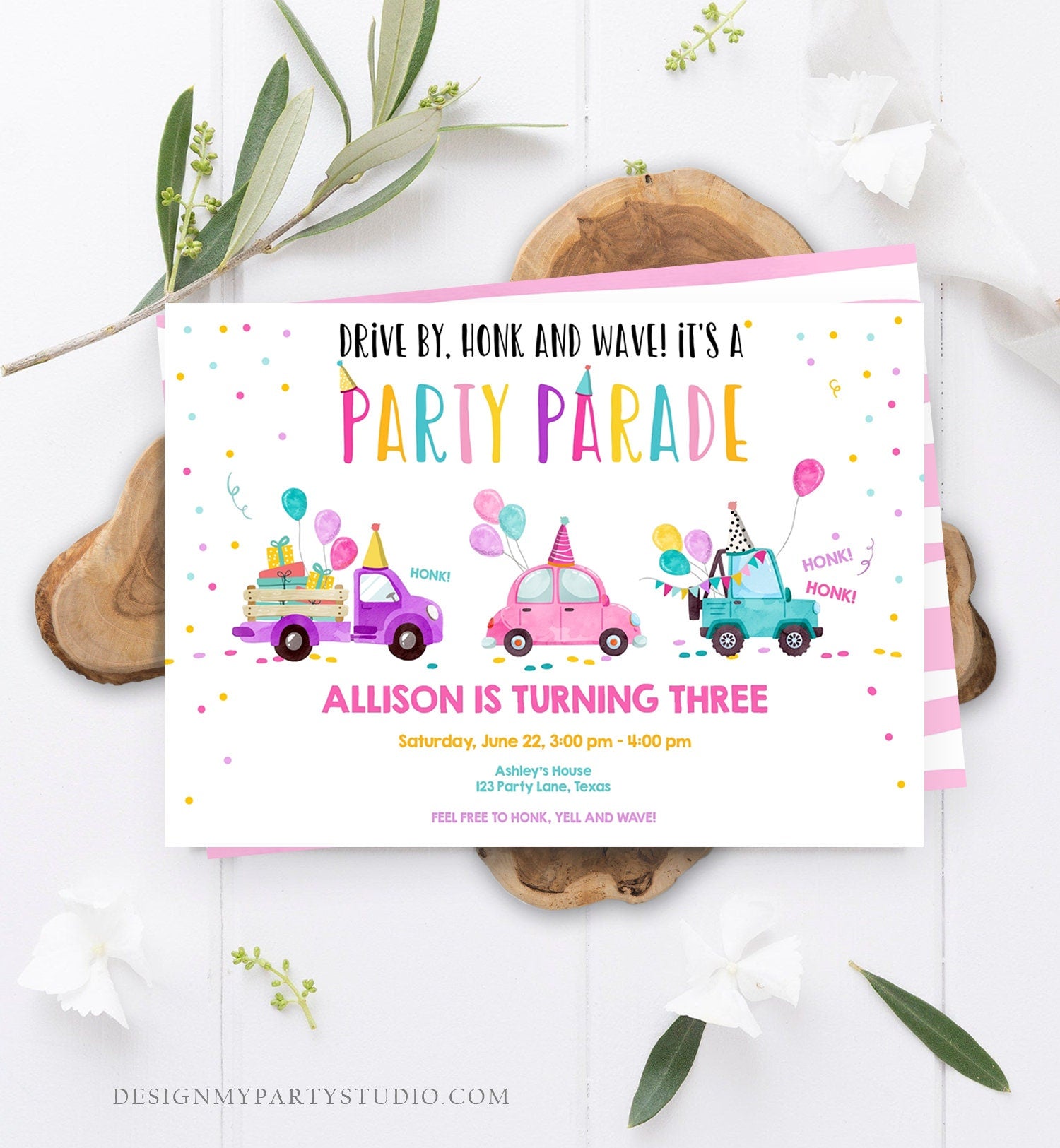 Editable Drive By Birthday Parade Invitation Virtual Party Invite Honk Wave Car Girl Pink Quarantine Instant Download Digital Corjl 0333