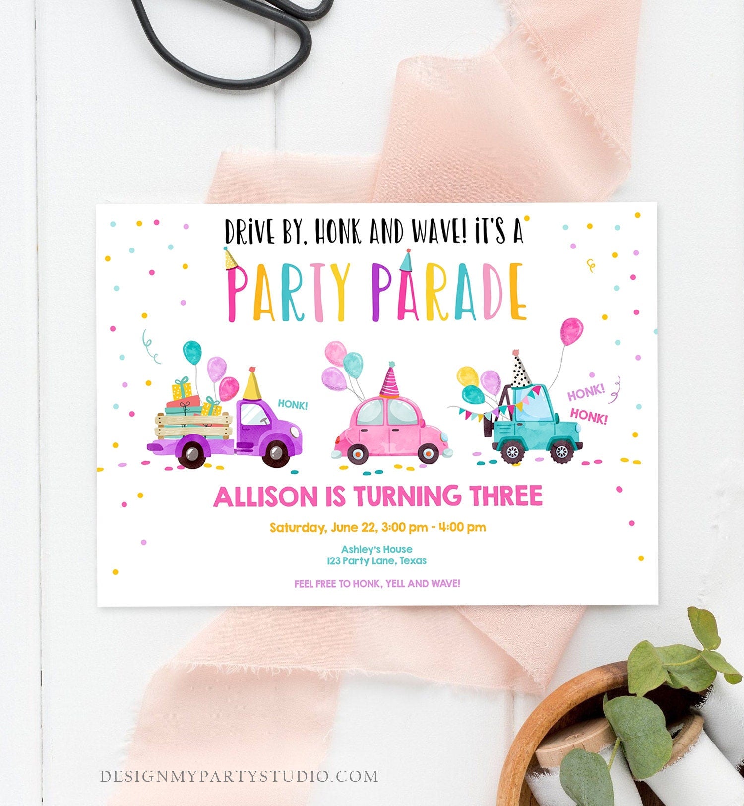 Editable Drive By Birthday Parade Invitation Virtual Party Invite Honk Wave Car Girl Pink Quarantine Instant Download Digital Corjl 0333