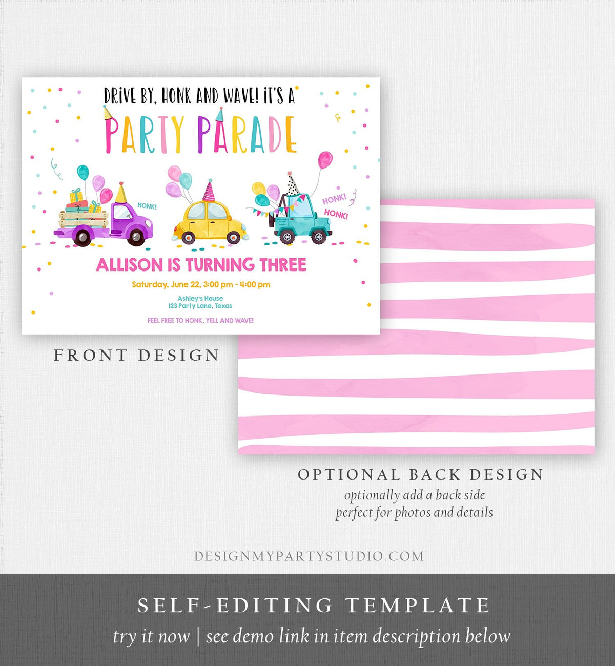 Editable Drive By Birthday Parade Invitation Virtual Party Invite Girl Pink Quarantine Birthday Party Instant Download Digital Corjl 0333