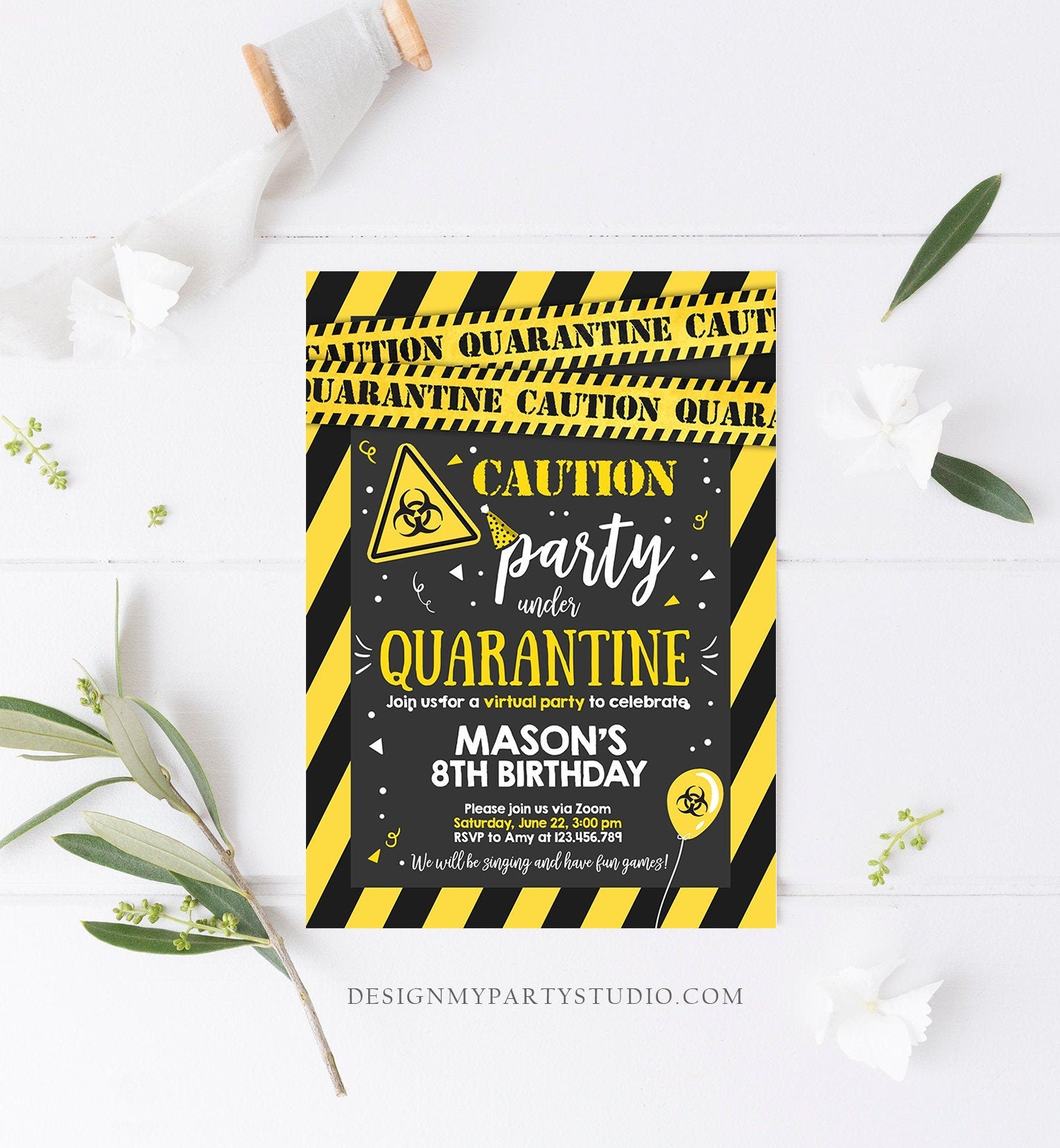 Editable Quarantine Birthday Invitation Virtual Party Quarantine Birthday Party Zoom Birthday Caution Instant Download Digital Corjl 0334