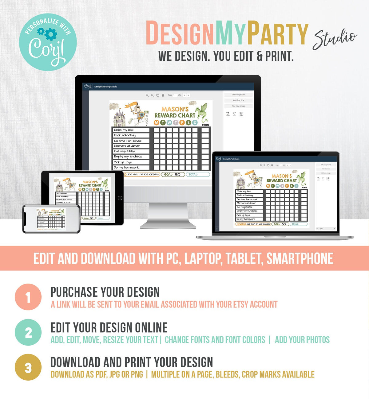 Editable Knight and Dragon Reward Chart Printable Boy Chore Chart for Kids Chores Routine Chart Week Chore Chart Printable Corjl Template