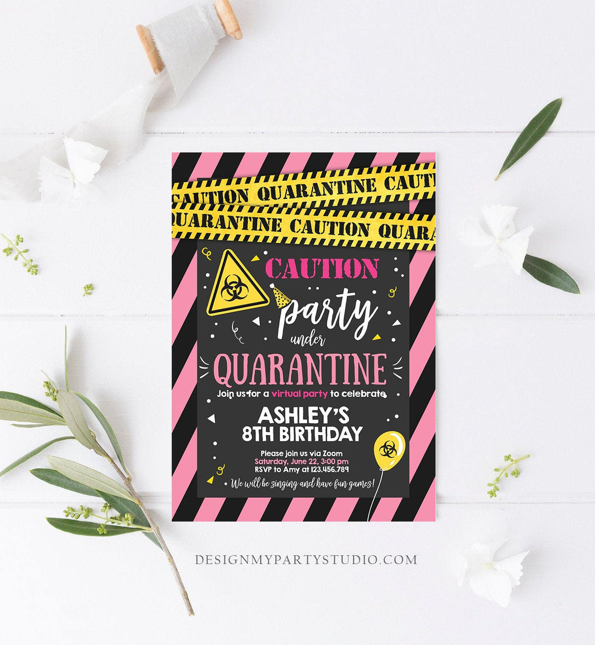 Editable Quarantine Birthday Invitation Virtual Party Quarantine Birthday Party Zoom Birthday Girl Pink Instant Download Digital Corjl 0334