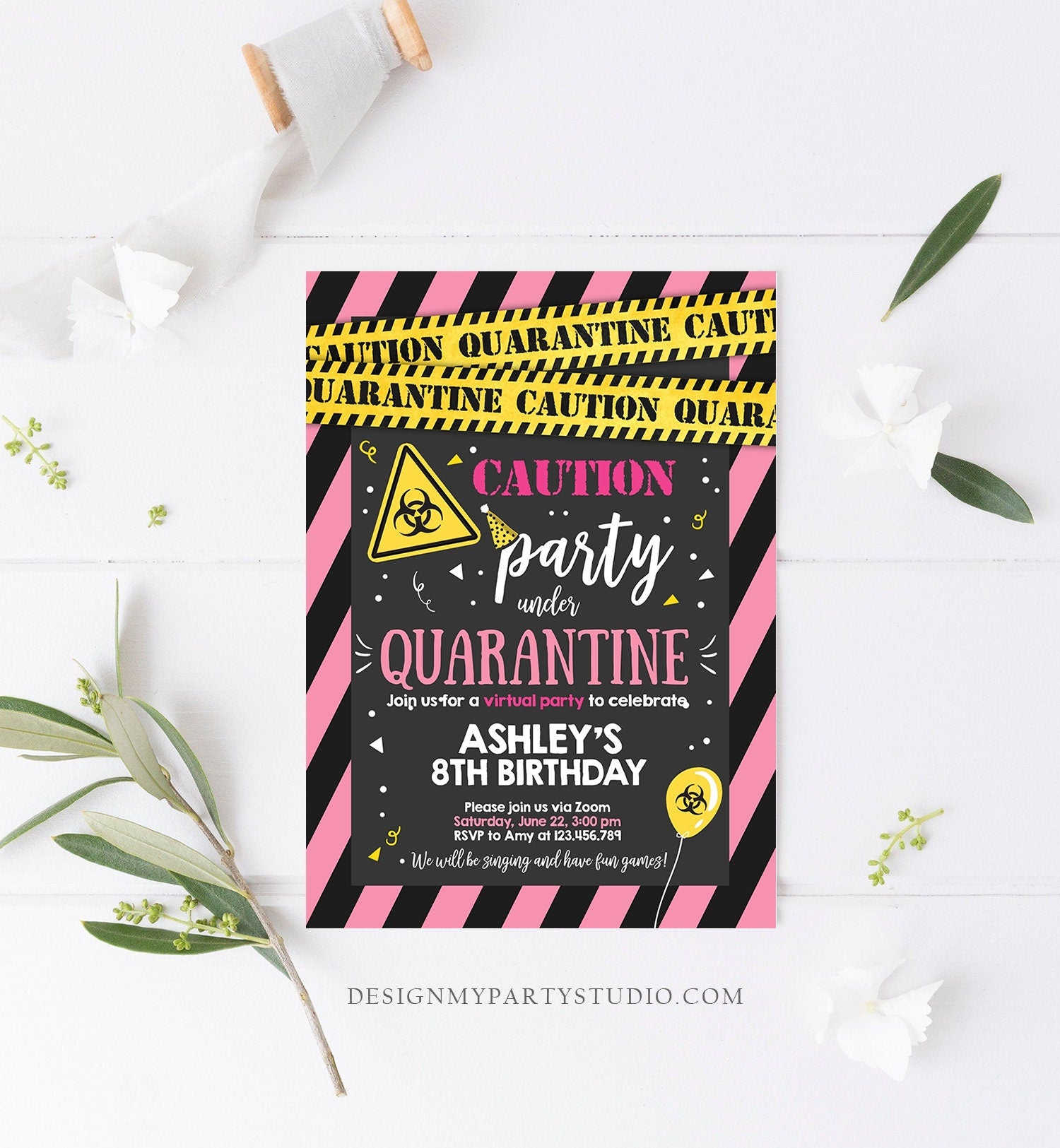 Editable Quarantine Birthday Invitation Virtual Party Quarantine Birthday Party Zoom Birthday Girl Pink Instant Download Digital Corjl 0334