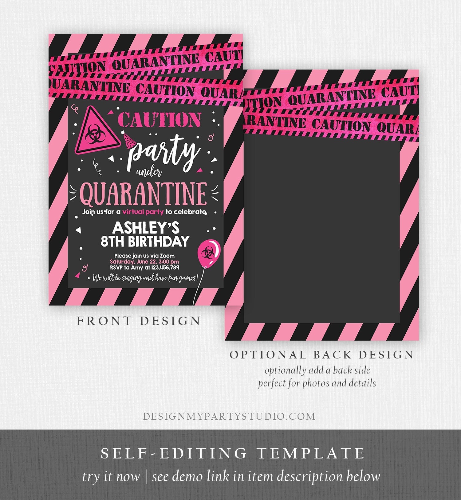 Editable Quarantine Birthday Invitation Virtual Party Quarantine Birthday Party Zoom Birthday Girl Pink Instant Download Digital Corjl 0334