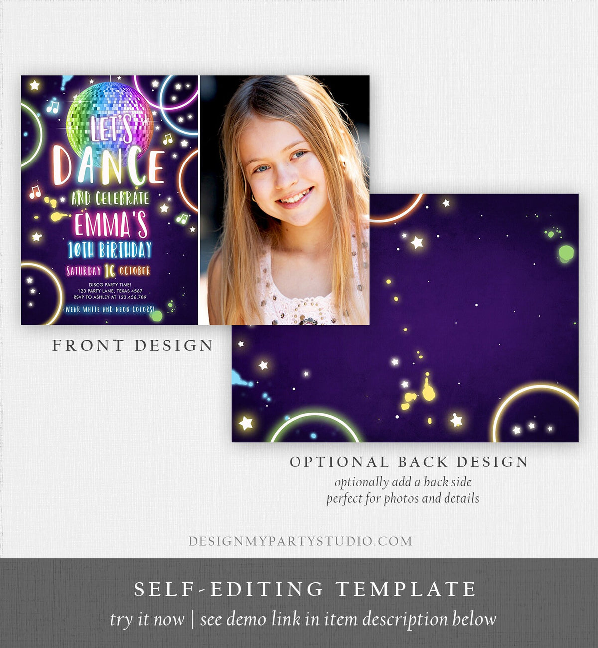 Editable Dance Party Birthday Invitation Disco Music Let&#39;s Dance Neon Glow In The Dark Party Girl Teen Pink Template Corjl Printable 0172