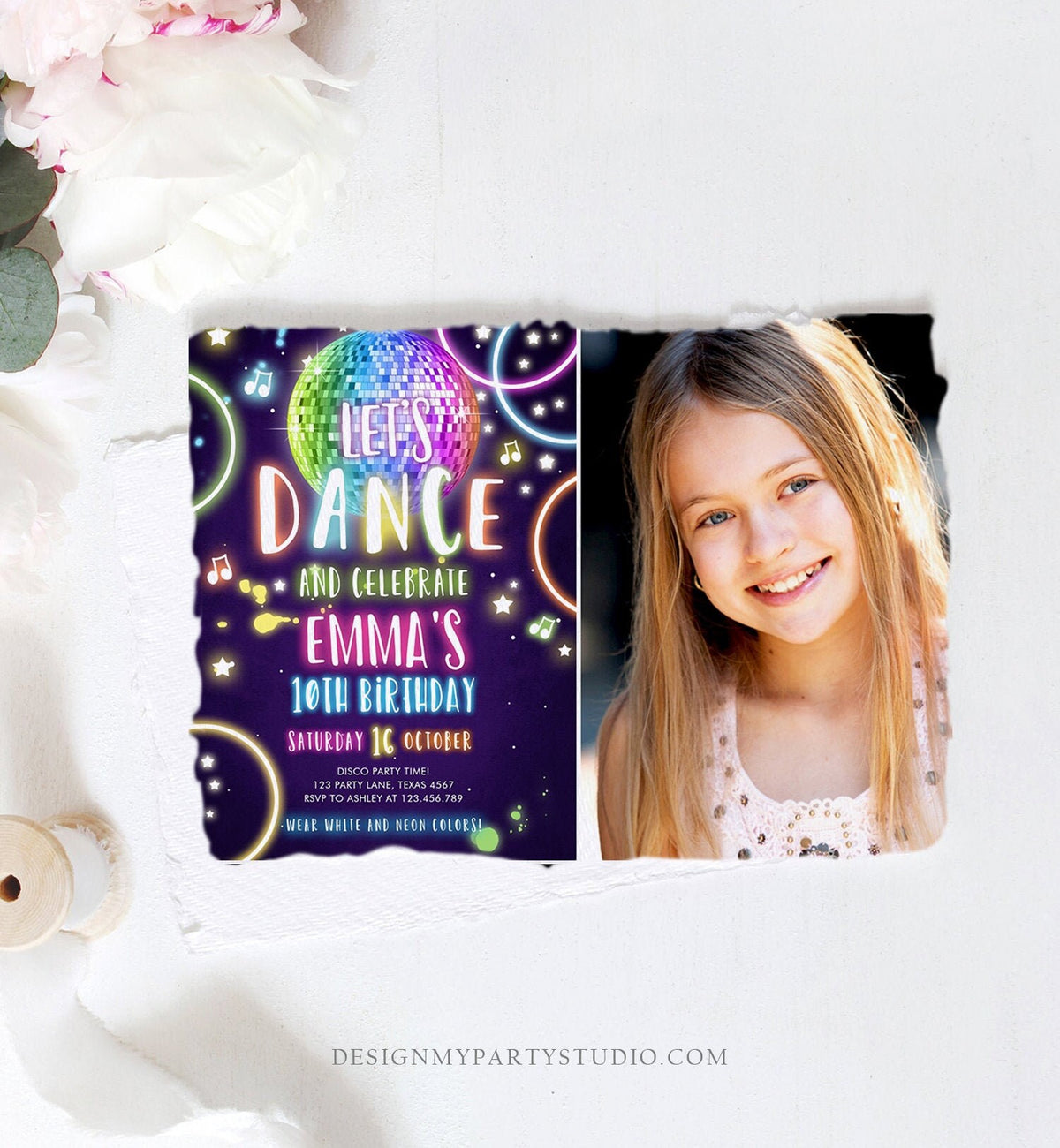Editable Dance Party Birthday Invitation Disco Music Let&#39;s Dance Neon Glow In The Dark Party Girl Teen Pink Template Corjl Printable 0172