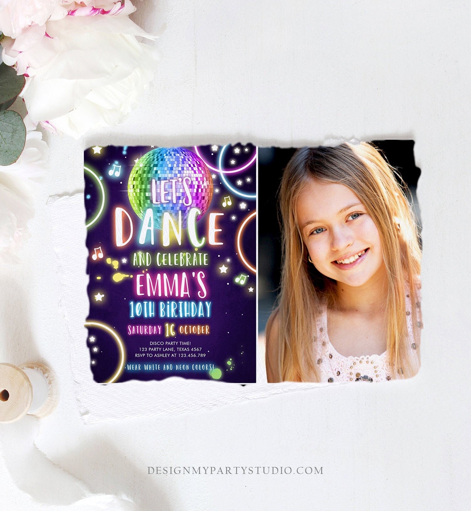 Editable Dance Party Birthday Invitation Disco Music Let's Dance Neon Glow In The Dark Party Girl Teen Pink Template Corjl Printable 0172