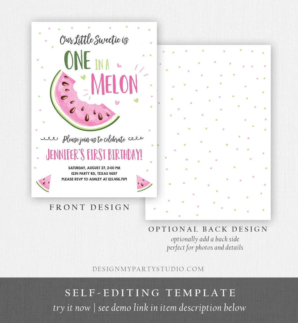 Editable Watermelon Birthday Invitation Girl Pink Red One in a Melon Party Summer Fruit First Birthday 1st Corjl Template Printable 0326