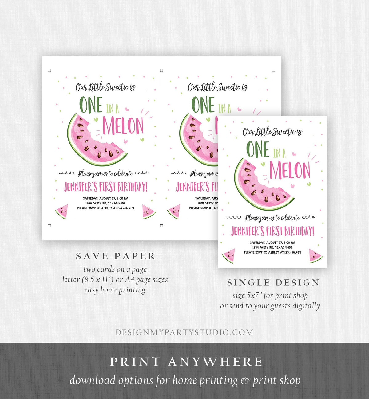Editable Watermelon Birthday Invitation Girl Pink Red One in a Melon Party Summer Fruit First Birthday 1st Corjl Template Printable 0326