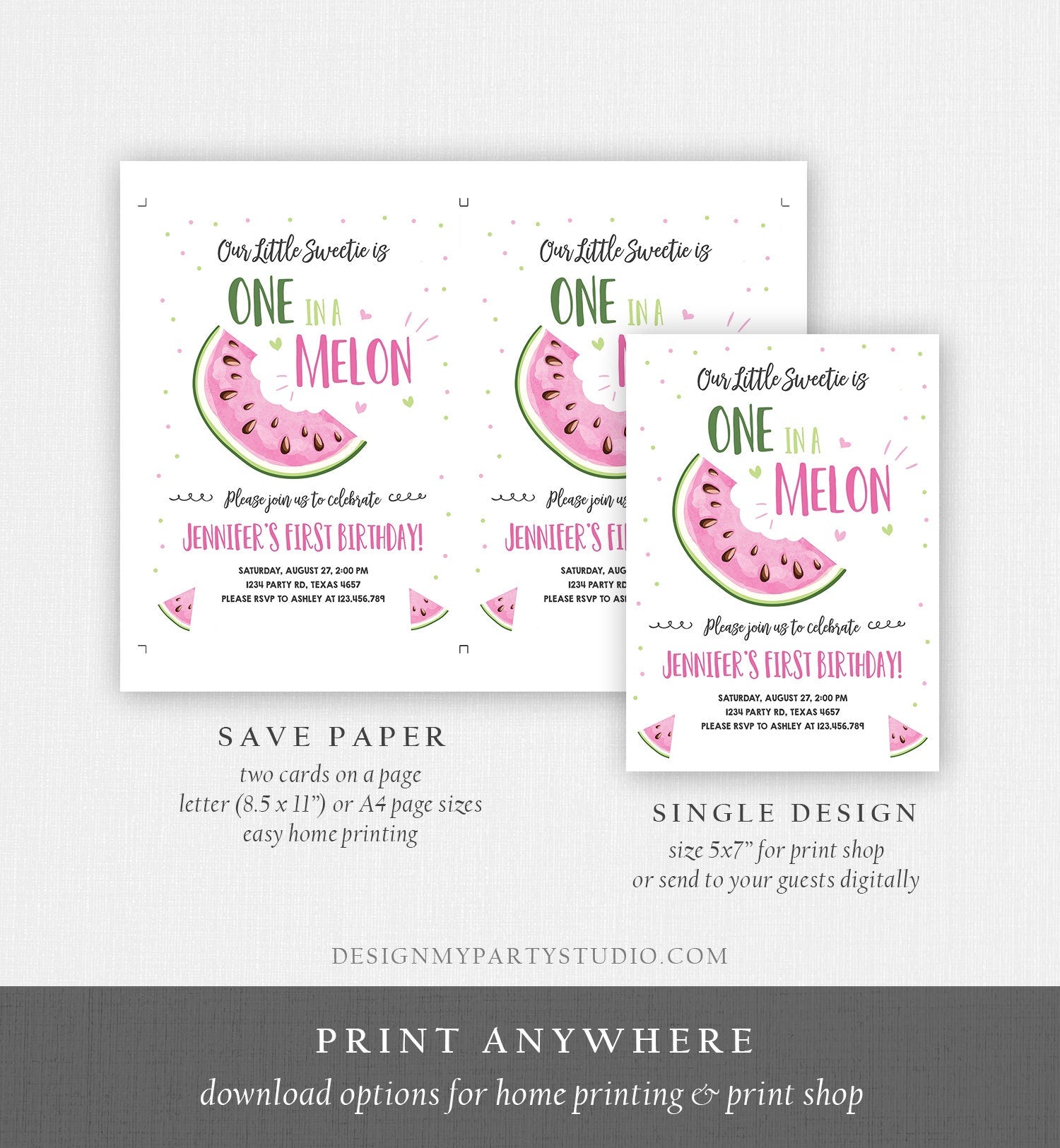 Editable Watermelon Birthday Invitation Girl Pink Red One in a Melon Party Summer Fruit First Birthday 1st Corjl Template Printable 0326