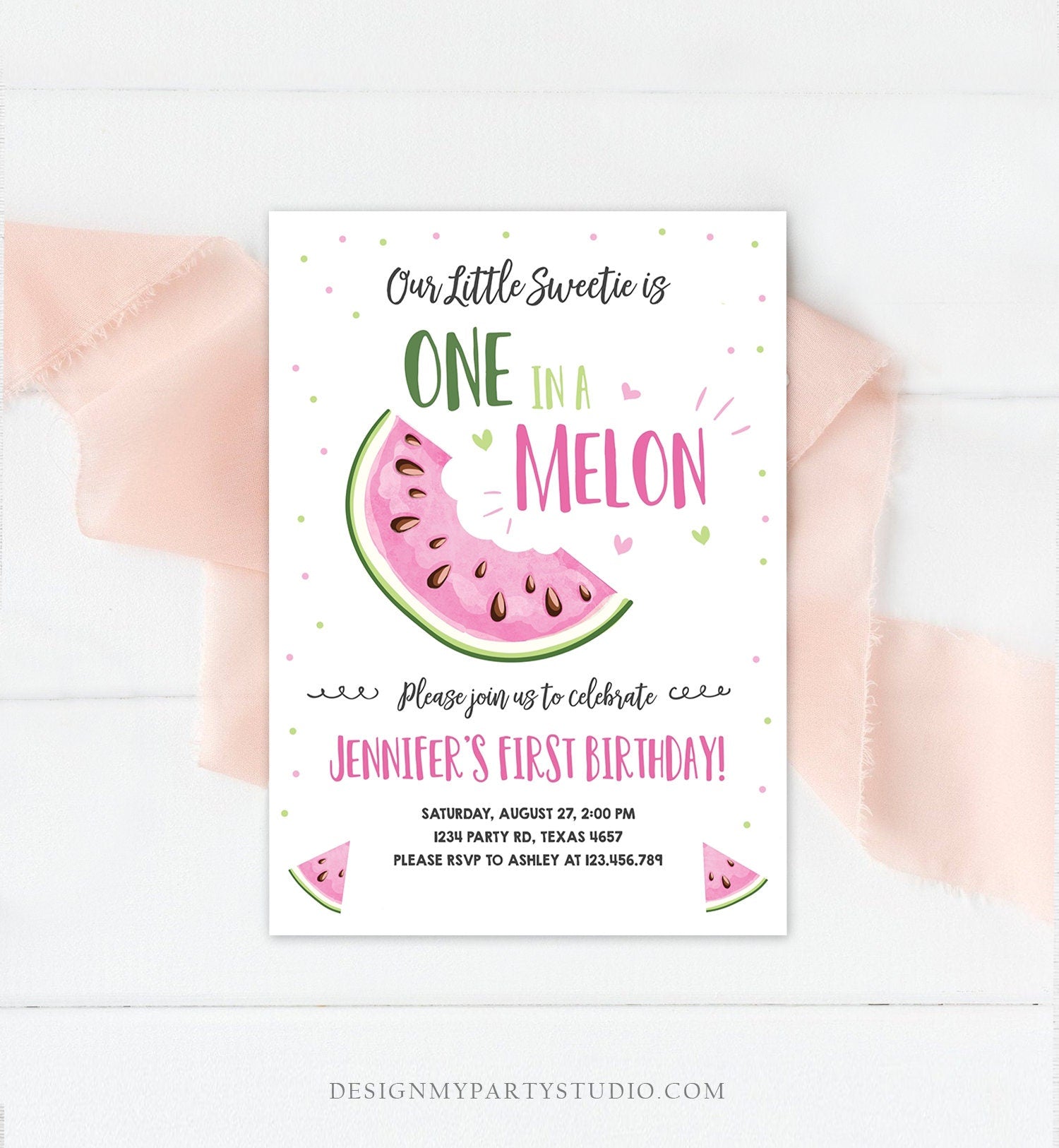 Editable Watermelon Birthday Invitation Girl Pink Red One in a Melon Party Summer Fruit First Birthday 1st Corjl Template Printable 0326